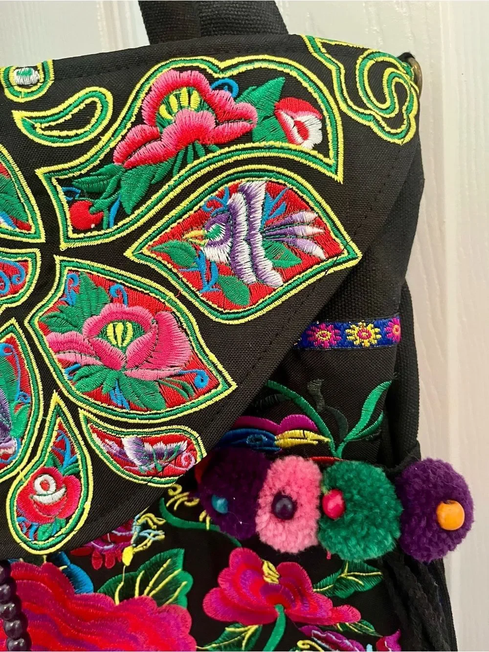 Boho Embroidered Floral & Bird Convertible Tote Backpack w/Pom Pom Tassels NWOT